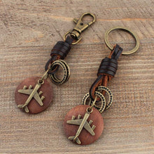 Load image into Gallery viewer, New Vintage Key chain Handmade Leather Keychain Round Wood Bronze Airplane Pendant New Car Key Ring