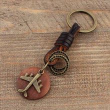 Load image into Gallery viewer, New Vintage Key chain Handmade Leather Keychain Round Wood Bronze Airplane Pendant New Car Key Ring