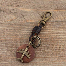 Load image into Gallery viewer, New Vintage Key chain Handmade Leather Keychain Round Wood Bronze Airplane Pendant New Car Key Ring